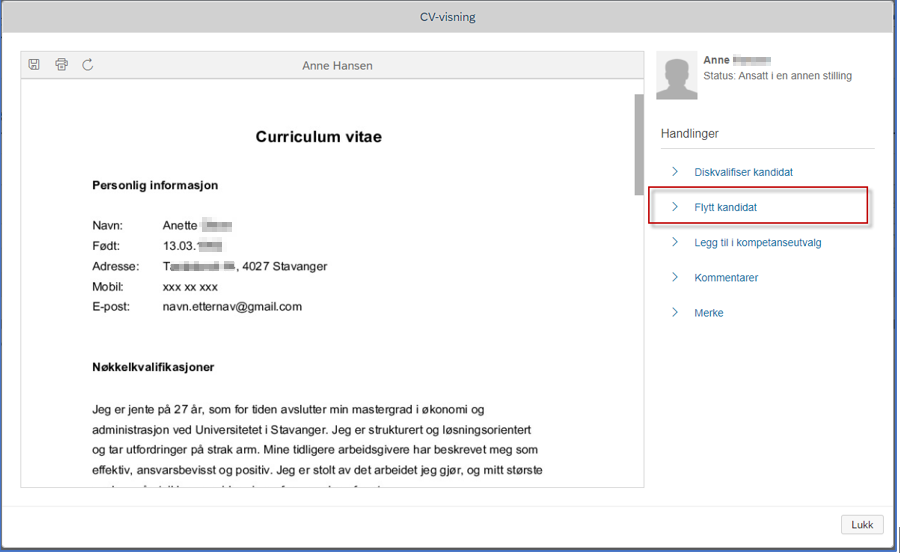 bildet som viser hvordan du kan flytte kandidat ved via CV 
