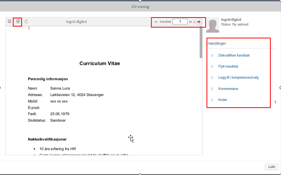 bildet som viser hvordan du kan bla via CV til kandidater, og i samme bildet flytte, diskvalifisere, kommentere