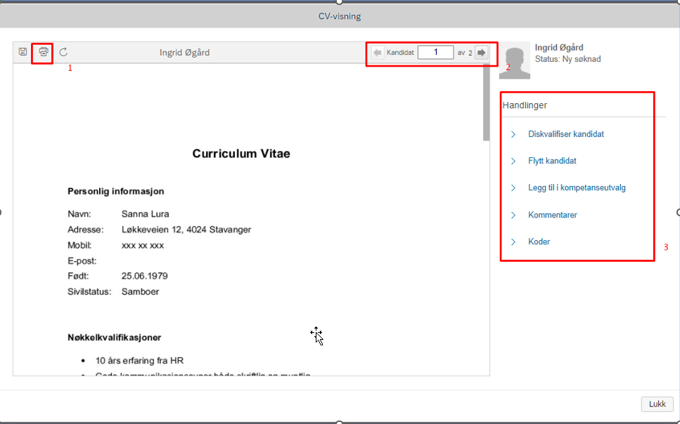 bildet som viser hvordan du kan bla via CV til kandidater, og i samme bildet flytte, diskvalifisere, kommentere 