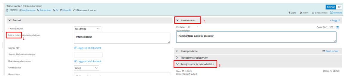 bildet som viser hvor du kan legge inn kommentarer og notarer inne i kandidatprofilen