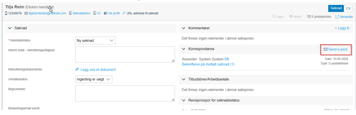 bilde av hvor rekrutteringsrådgiver klikker for å sende e -post via meldinggssenter