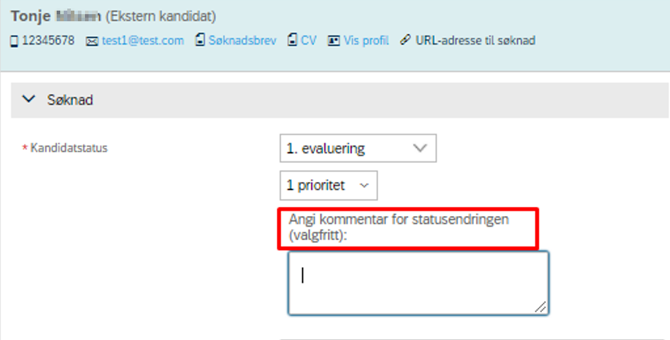 bilde som viser hvor du kan skrive kommentar når du flytter kandidat via kandidatstatus