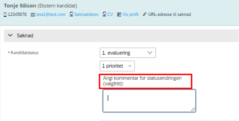 bilde som viser hvor du kan skrive kommentar når du flytter kandidat via kandidatstatus 