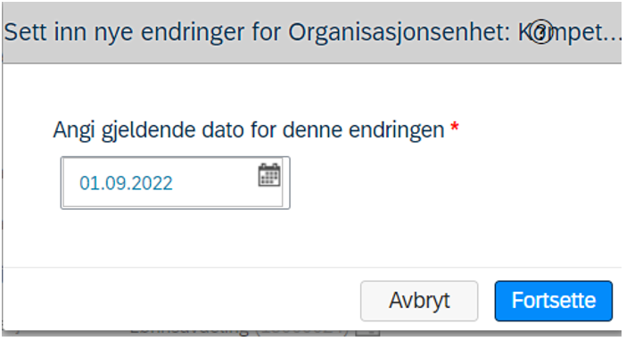 Skjermbilde som viser datofeltet for å endre organisasjonsenhet i DFØ HR