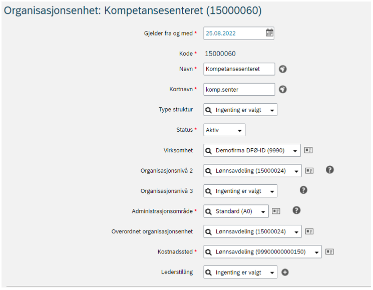 Skjermbilde som viser oppdatert gyldighetsdato for organisasjonsenhet i DFØ HR