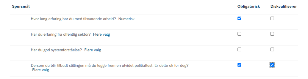 bildet viser hvordan du kan gjøre spørsmål obligatoriske ved å huke av for obligatorisk og diskvalifiserende.
