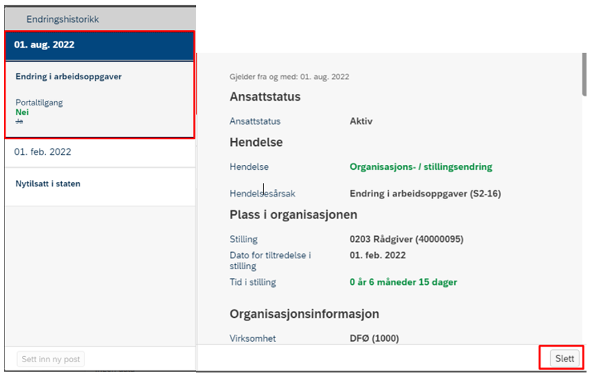 Skjermbilde: slette post i DFØ HR