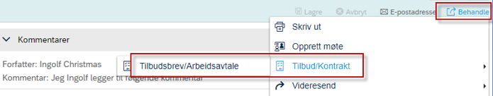 Skjermbilde som viser hvor du finner "behandle", "tilbud/kontrakt" og "godkjenning av tilbud" slik at du kan sende tilbudsdetaljene til godkjenning