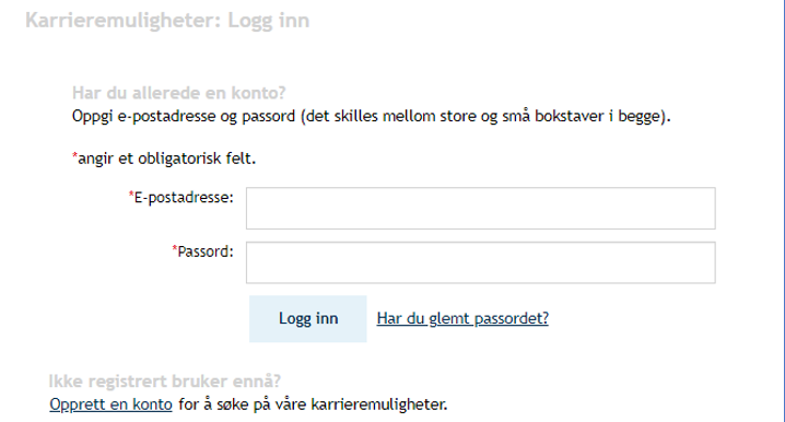 Skjermbilde som viser hvor kandidaten kan logge inn på karrieresiden ved å skrive inn brukernavn og passord 
