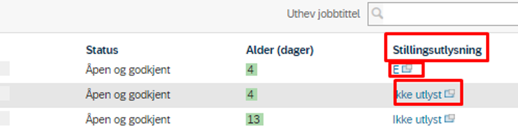 Skjermbilde som viser de ulike statusene for stillingsutlysning