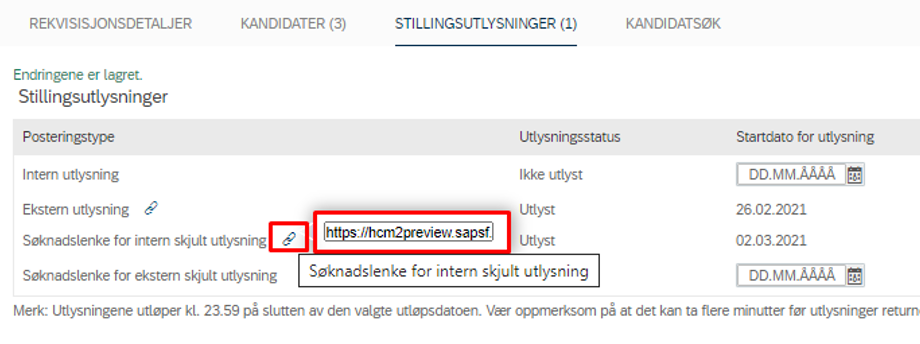 Skjermbilde som viser hvor du finner selve linken til søknadslenke for intern og ekstern skjult utlysning