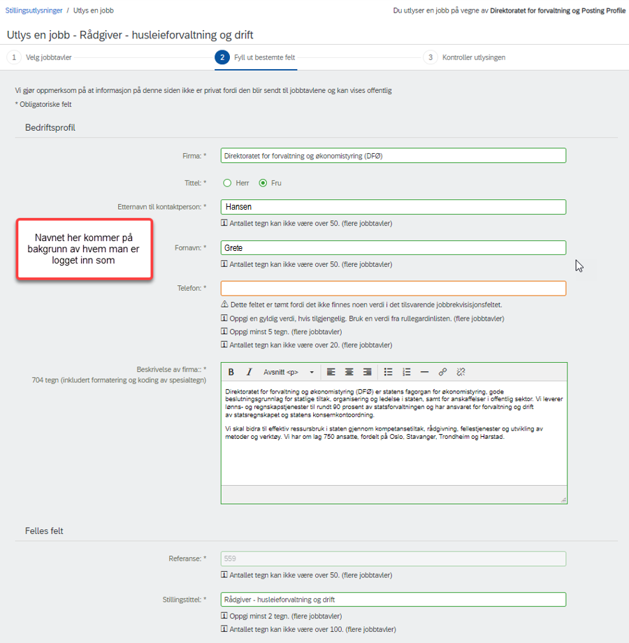Skjermbilde som viser felter som skal fylles ut ved utlysning av stilling på finn og Nav