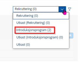 Skjermbilde som viser nedtrekksmeny Rekruttering med valget Introduksjonsprogram som nummer to i listen