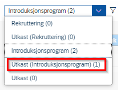 Skjermbilde som viser utkast introduksjonsprogram i nedtrekksmenyen i DFØ HR