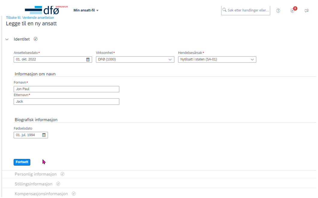 Skjermbilde som viser legge til ny ansatt i DFØ HR