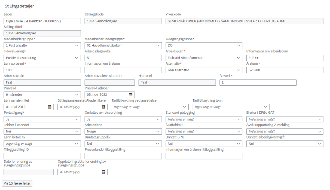 Skjermbilde som viser skjemaet Stillingsdetaljer i DFØ HR