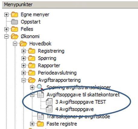 I menyen ligger det under Økonomi, Hovedbok og Avgiftsrapportering.