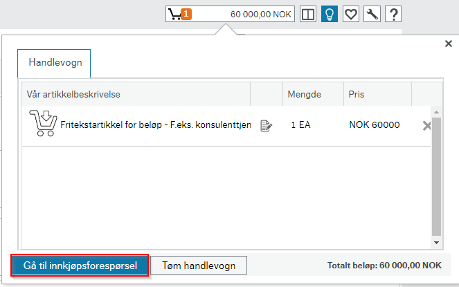 Markering av knappen Gå til innkjøpsforespørsel nede til venstre i bildet.