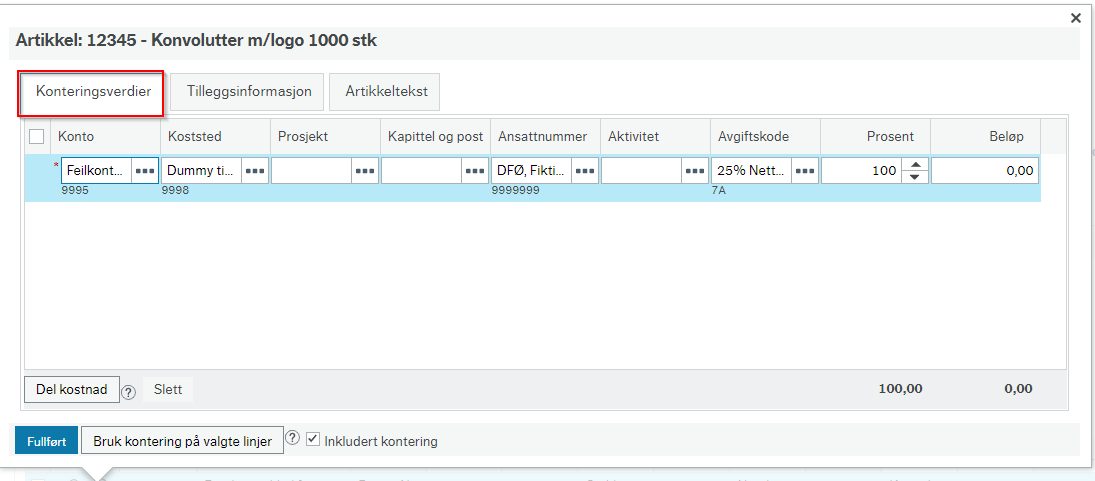 Markering rund fanen Konteringsverdier.