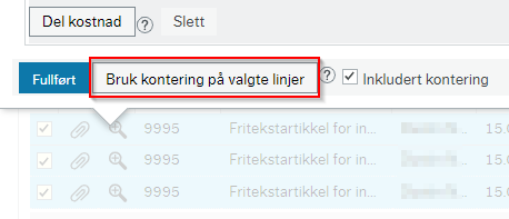 Markering av knappen Bruk kontering på valgte linjer.