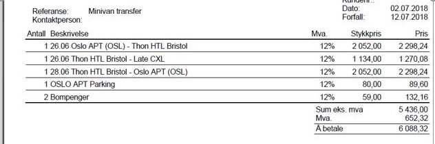 Utdrag fra faktura for leid minibuss.