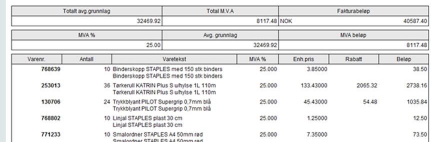 Utdrag fra faktura for Rekvisita-utgifter med høy merverdiavgiftssats