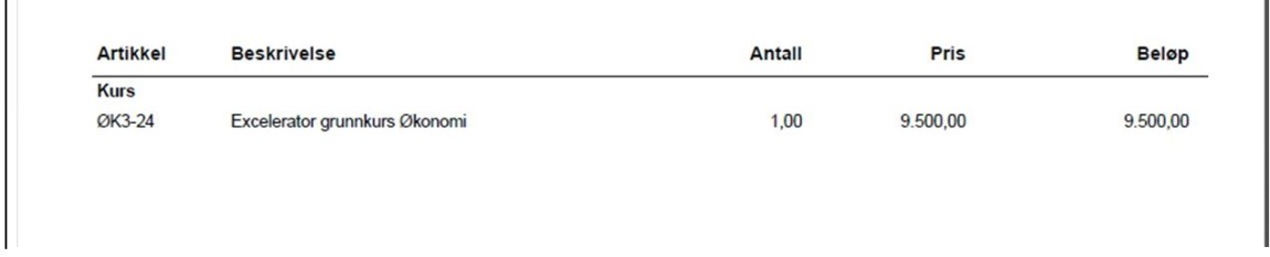 Utdrag fra faktura for undervisningstjeneste.