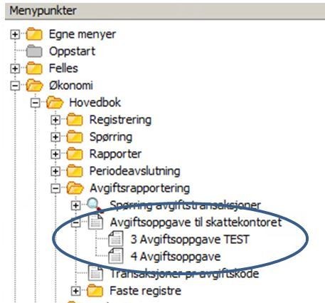 Avgiftsoppgave til skattekontoret finner du i menyen under Økonomi, Hovedbok og Avgiftsrapportering.