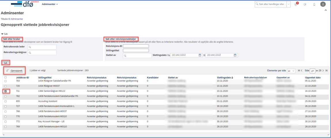 Skjermbilde som viser jobbrekvisisjoner i adminsenteret i DFØ HR