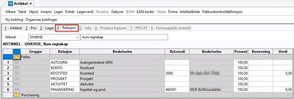 Markering av arkfanen Relasjon.