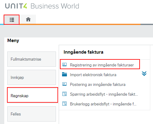 Bildet viser at du skal velge menypunktet Registrering av inngående fakturaer