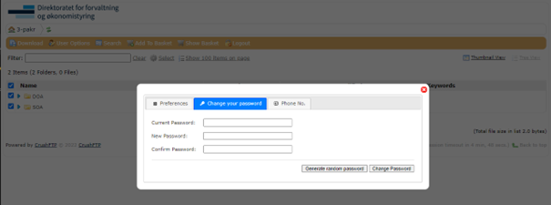 Bilde som viser hvordan du endrer passord i DFØ Fildel