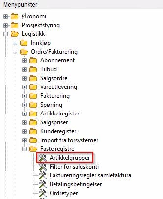 Markering av hvor du finner menypunktet Artikkelgrupper i menyen.