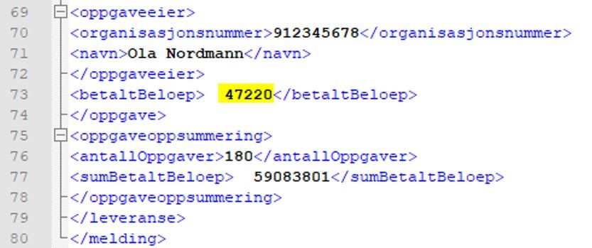 i XML-fila under -</oppgaveeier> og <betaltBeloep>