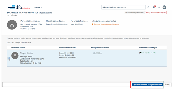 Skjermbilde av hvor du finner boksen "gjenansettelse med tidligere ansettelse".