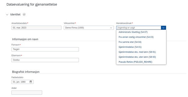 Skjermbilde av "Dataevaluering for gjenansettelse".