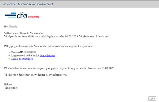 Skjermbilde av e-posten "Velkommen til introduksjonsprogrammet".