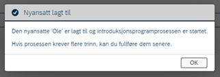 Skjermbilde fra DFØ HR om gjeninntredelse av ansatt via handlingen "Legg til ny ansettelse i introduksjonsprogram"