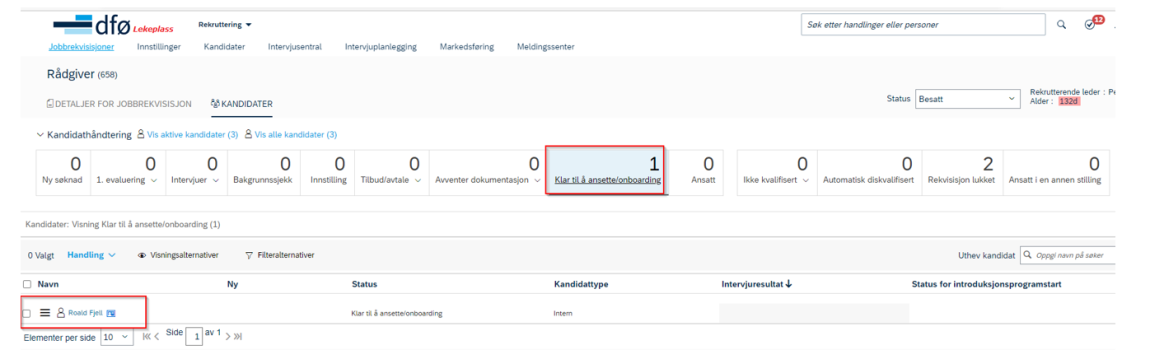 bildet viser kandidat i status klar til å ansette/onboarding