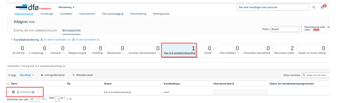 bildet viser kandidat i status klar til å ansette/onboarding 