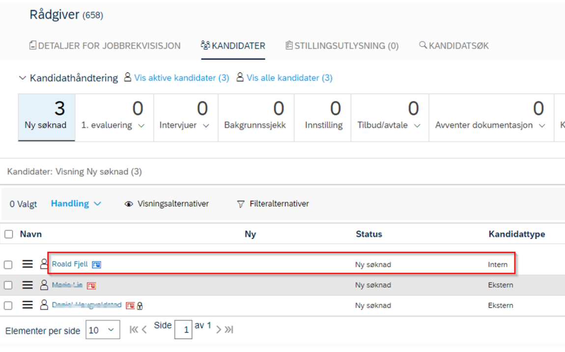bildet viser hvordan en intern søker vises i kandidathåndtering 
