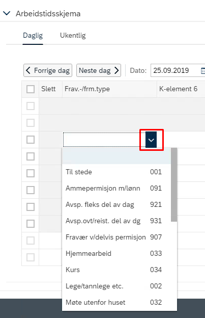 Nedtrekksmeny med fraværstyper