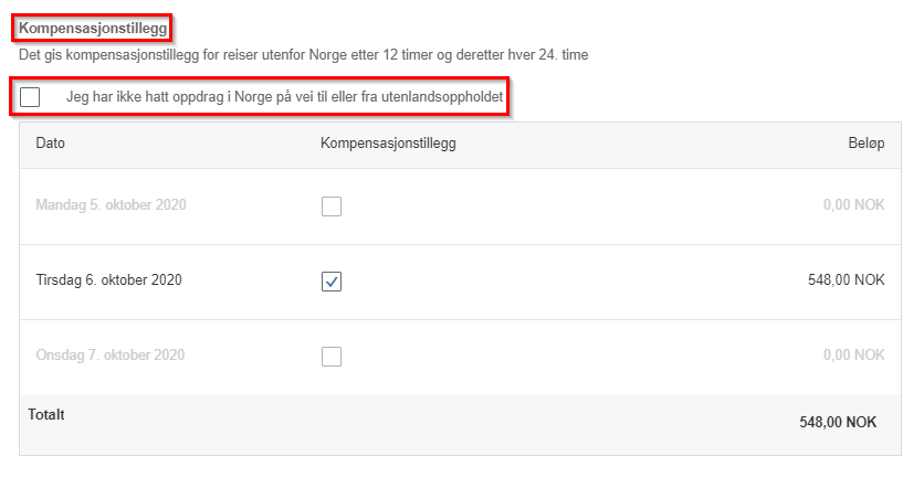 Kompensasjonstillegg: Dersom deler av reisen er innenlands og deler av reisen er utenlands, må d ta stilling til om du har hatt oppdrag i Norge på vei til eller fra utenlandsoppholdet"