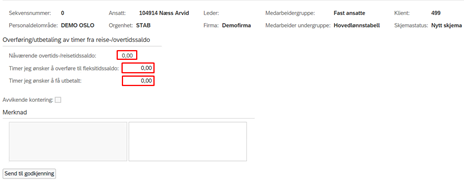 Skjema overfør/utbetal timer fra reise- og overtidssaldo med markering for antall