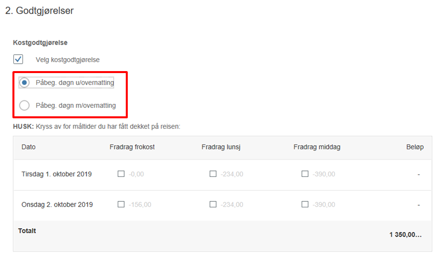 Velg på uten overnatting eller påbegynt døgn med overnatting