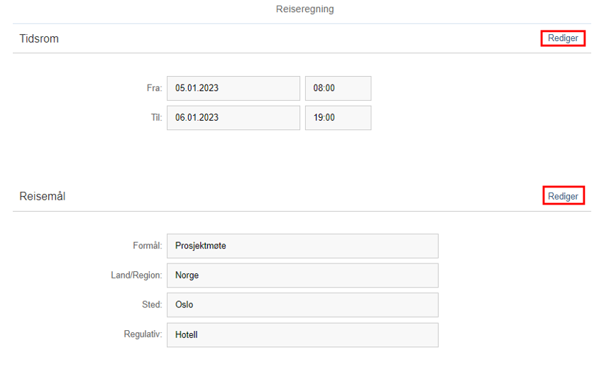 Etter at du har trykket på "Gå til innsending" vil du få opp en oppsummering av reiseregningen din