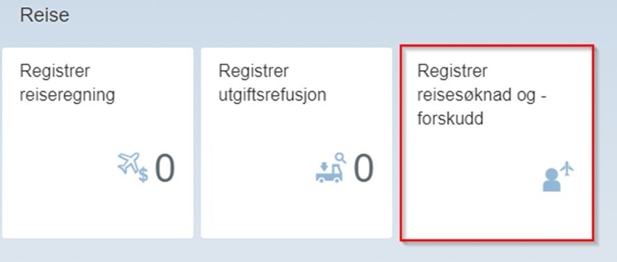 Du finner «Registrer reisesøknad og -forskudd» under mappekortet Reise. 