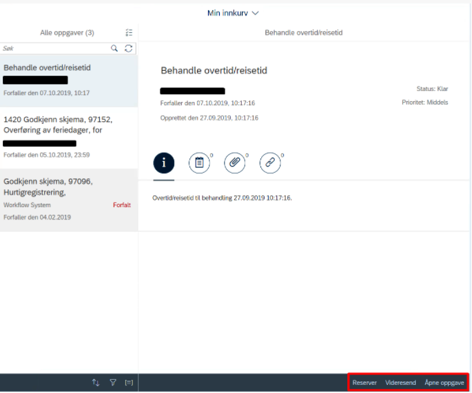 Behandle overtid/reisetid med markering for reservere, videresende eller åpne oppgaven