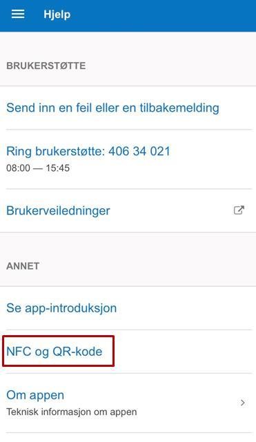 Oversiktsbilde Hjelp med markering for NFC og QR kode
