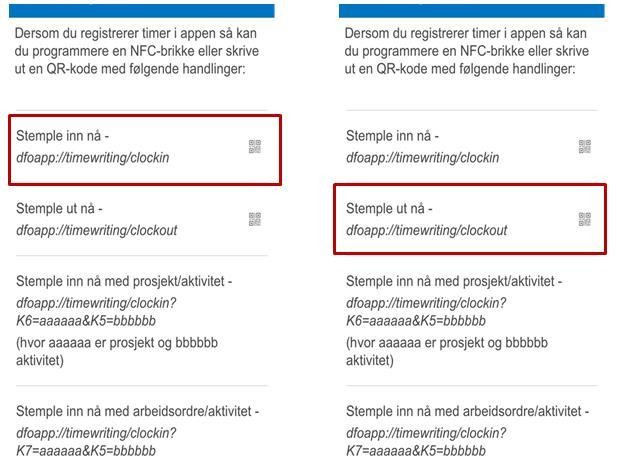 Oversiktsbilde NFC og QR kode med markering for stemple inn og stemple ut